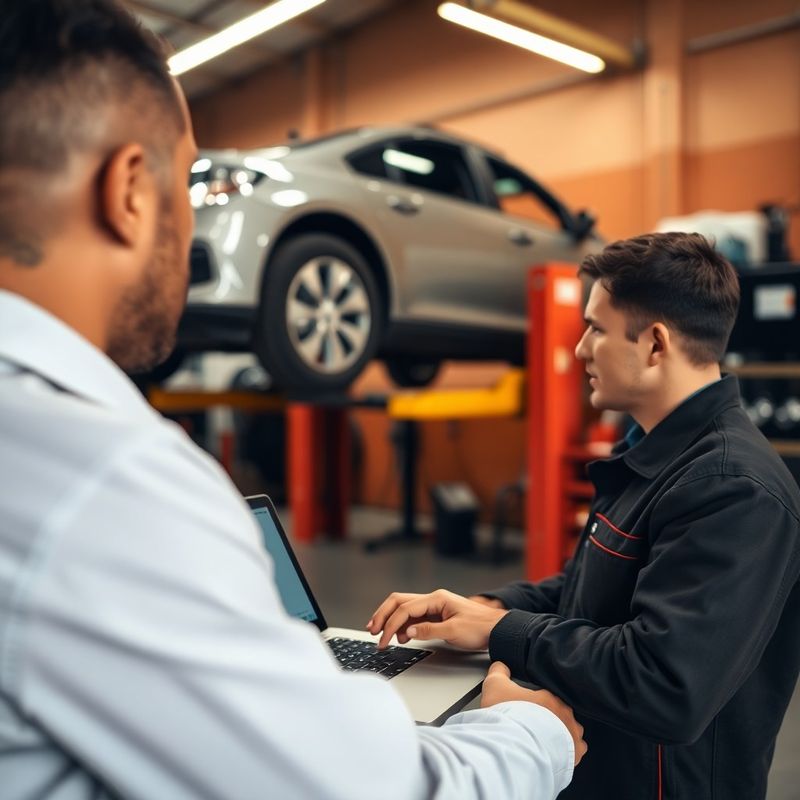 Tehnician auto verificând date de diagnoză pe un laptop