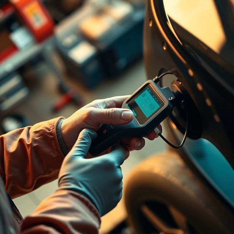 Mâinile unui mecanic folosind un tester de diagnoză OBD conectat la o mașină