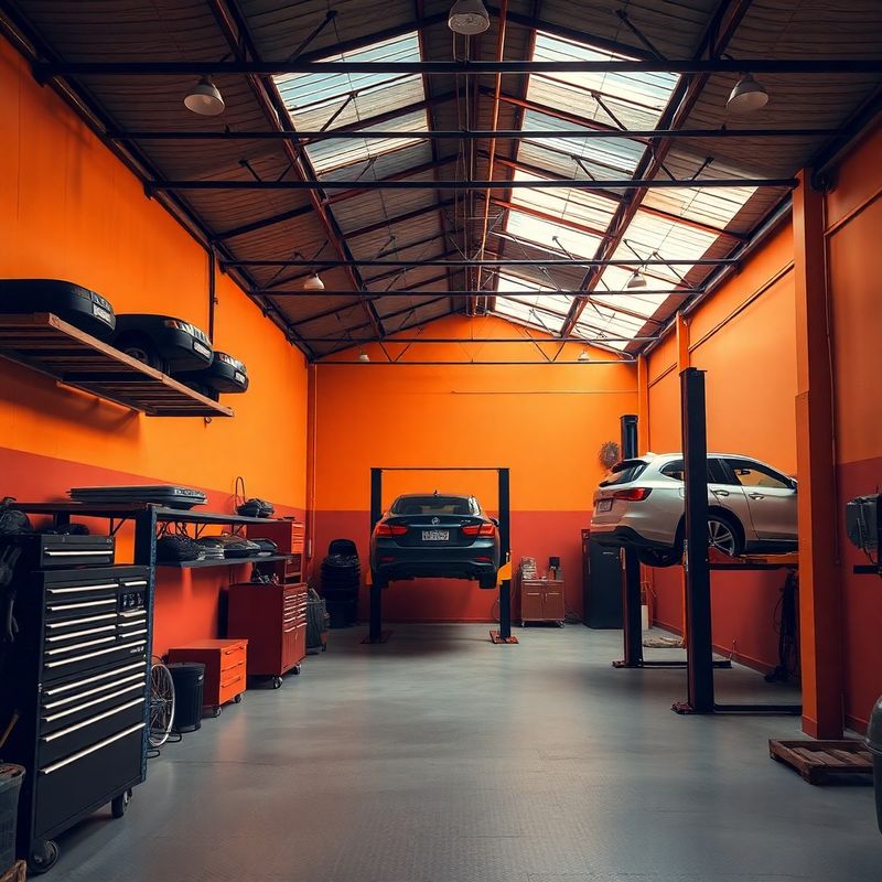 Interior atelier auto cu pereți teracotă și crem, rafturi de scule organizate