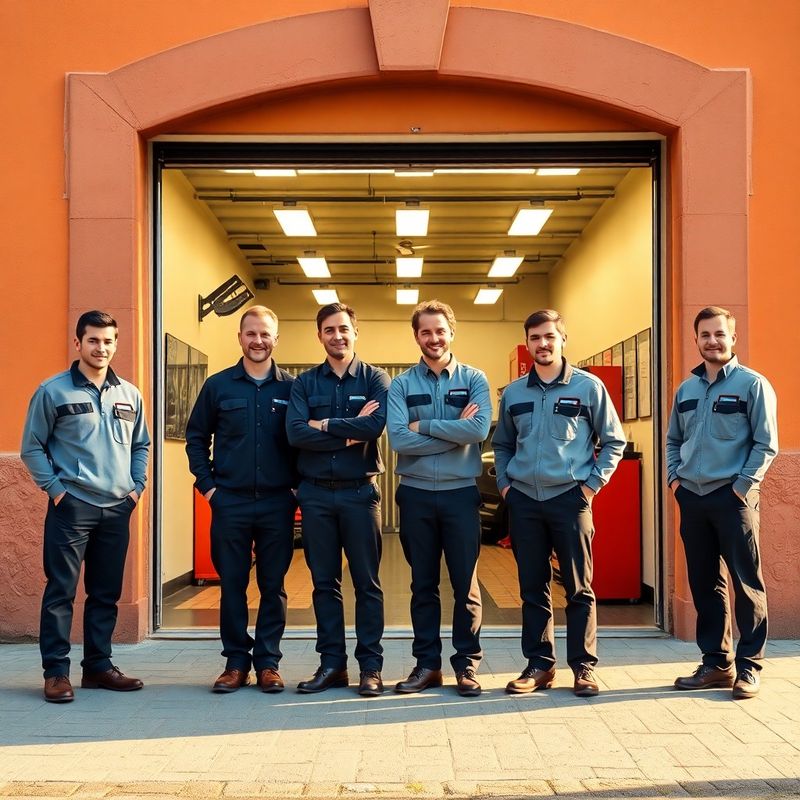 Echipă de cinci tehnicieni Nou Atelier în uniforme asortate, în fața atelierului